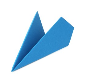 Photo of One handmade light blue paper plane isolated on white