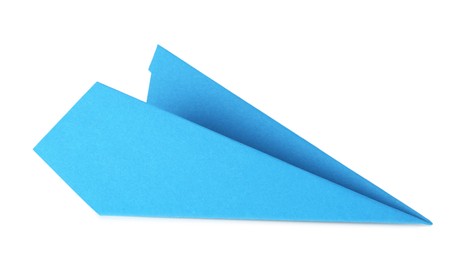 Photo of One handmade light blue paper plane isolated on white