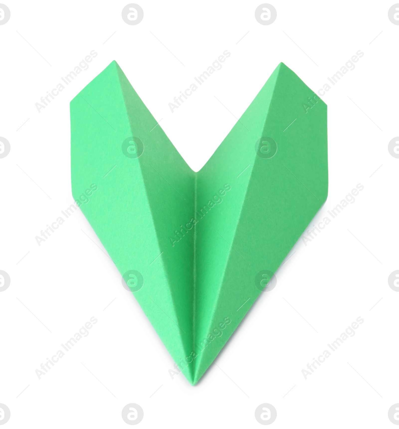 Photo of One handmade green paper plane isolated on white, above view