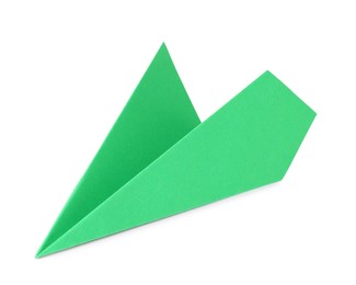 Photo of One handmade green paper plane isolated on white