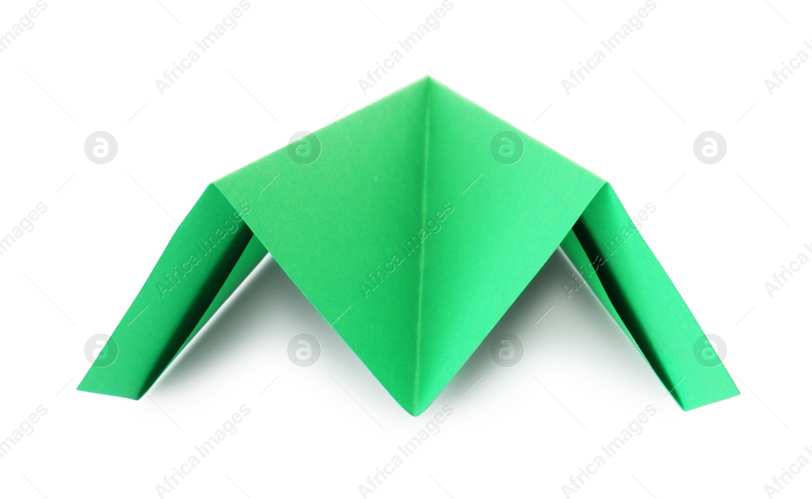 Photo of One handmade green paper plane isolated on white