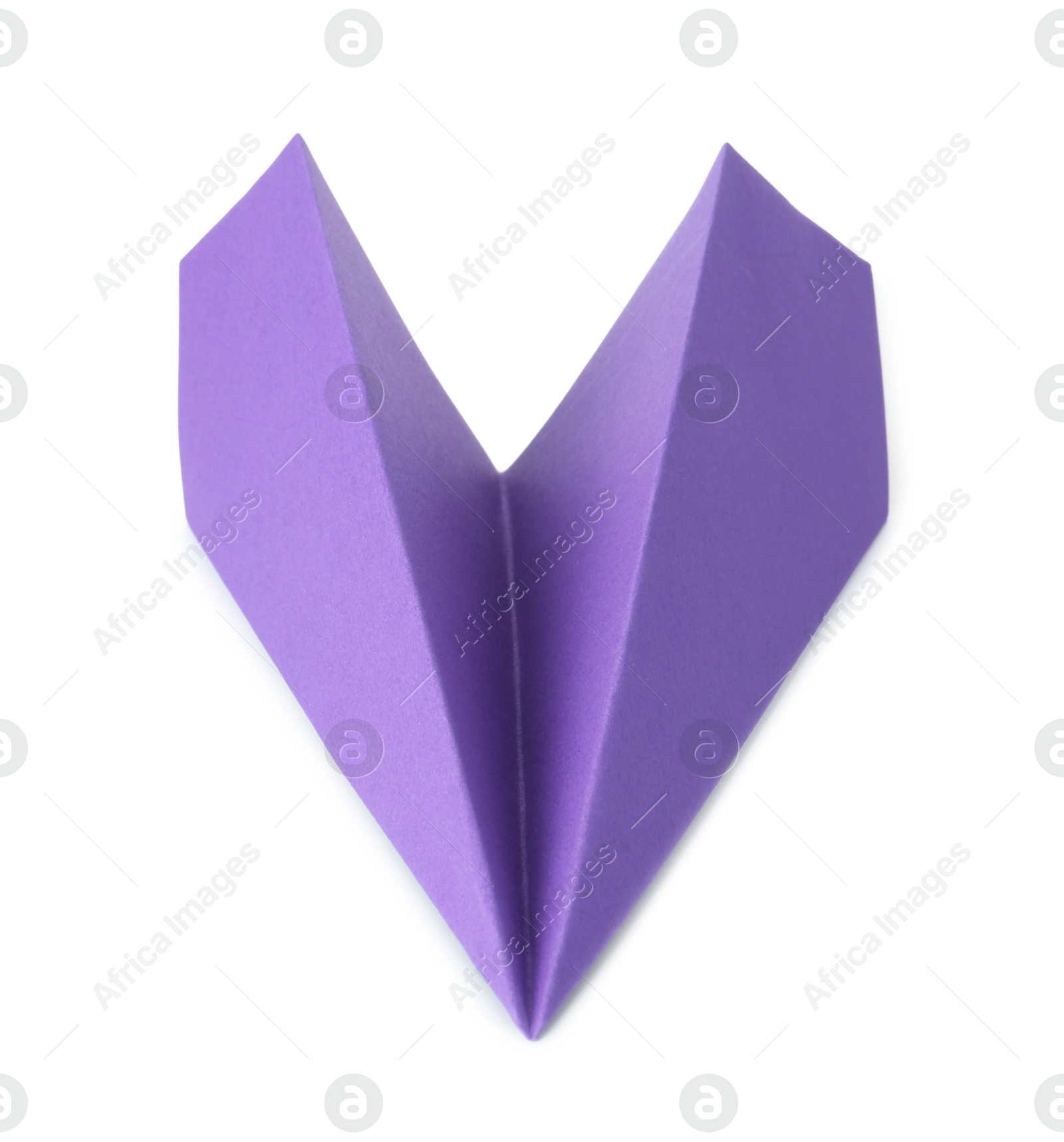 Photo of One handmade purple paper plane isolated on white, above view