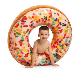 Photo of Cute little boy in beachwear with inflatable ring on white background