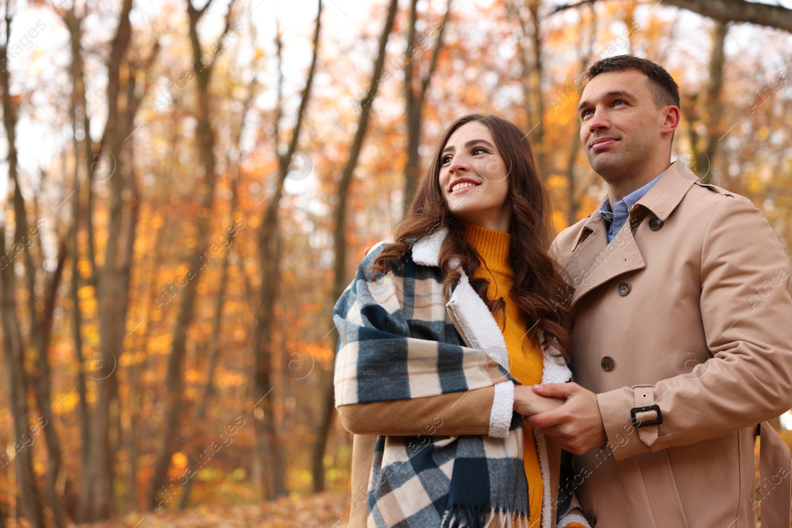 Photo of Happy couple spending time together in autumn park. Space for text