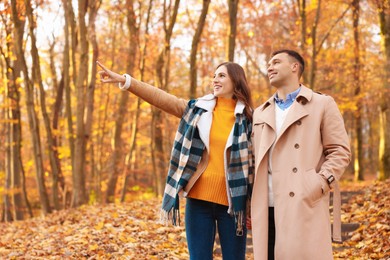 Photo of Happy couple spending time together in autumn park, space for text