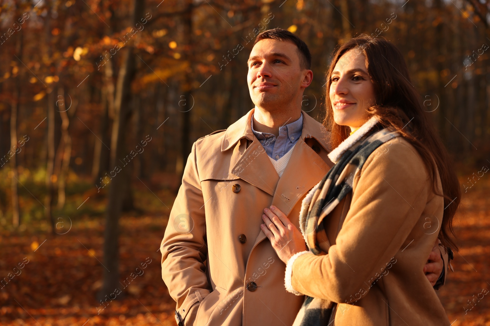 Photo of Happy couple spending time together in autumn park, space for text