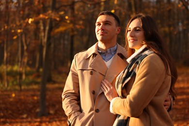 Happy couple spending time together in autumn park, space for text