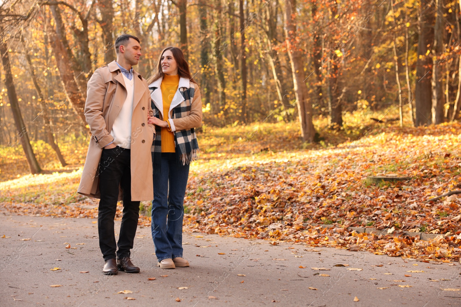 Photo of Happy couple spending time together in autumn park, space for text