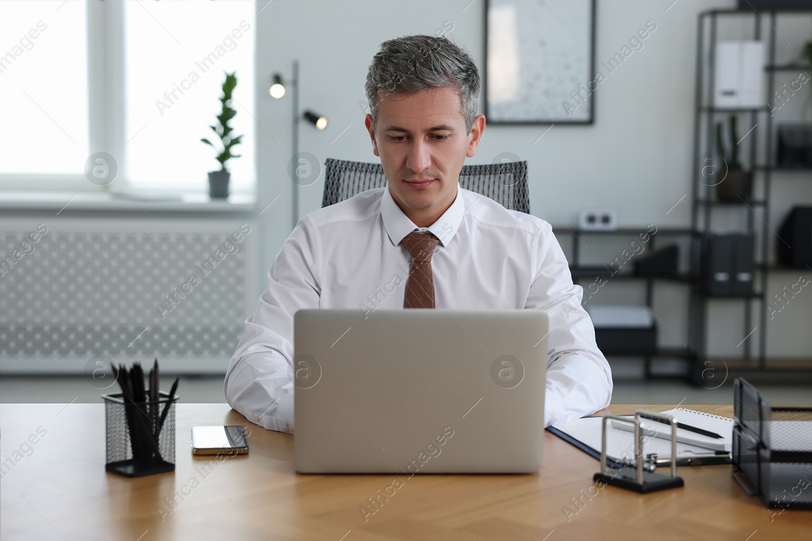 Photo of Middle aged man working with laptop at table in office