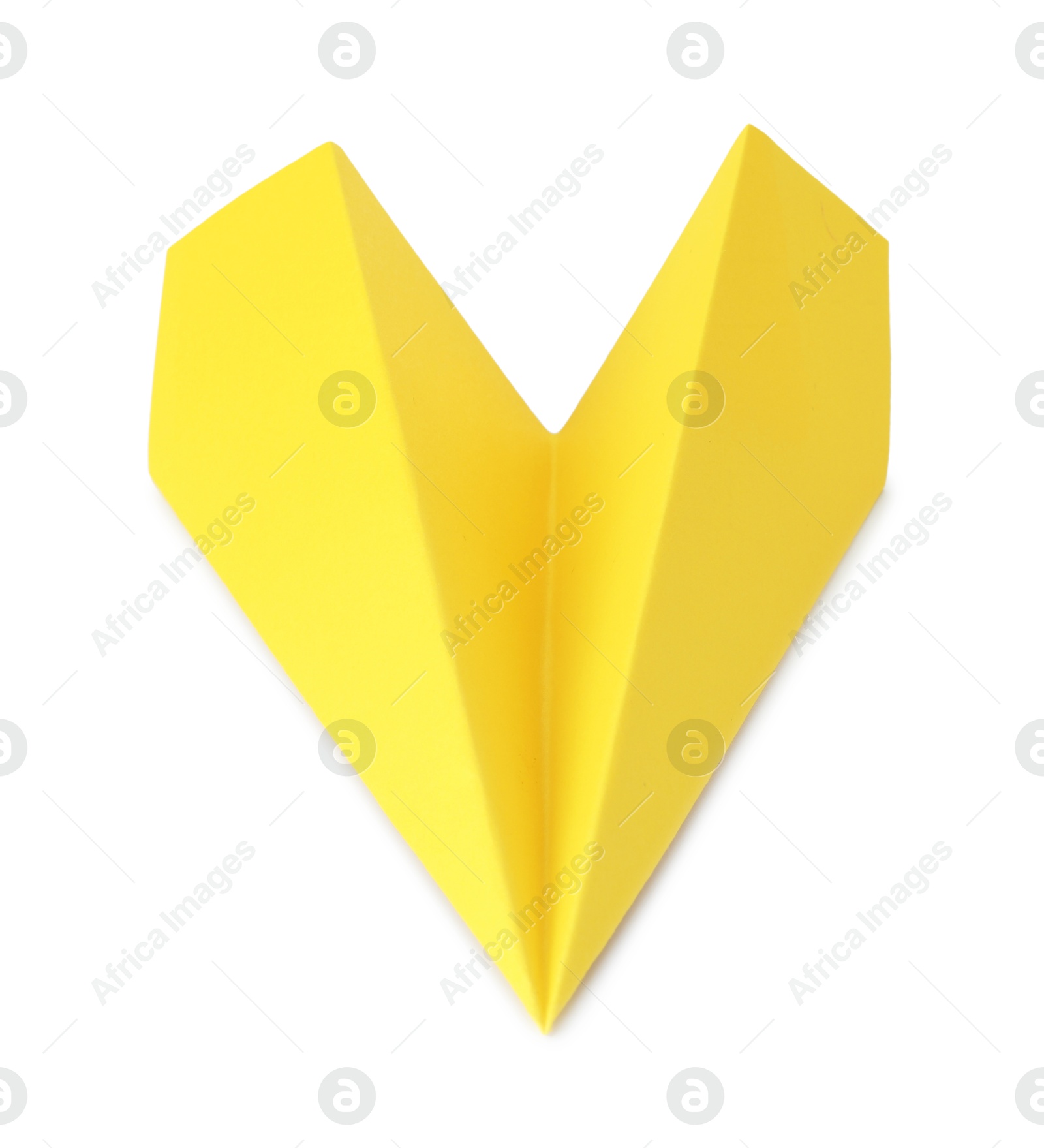 Photo of One handmade yellow paper plane isolated on white, above view