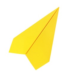 Photo of One handmade yellow paper plane isolated on white