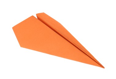 Photo of One handmade orange paper plane isolated on white