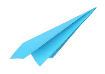 Photo of One handmade light blue paper plane isolated on white