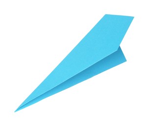 Photo of One handmade light blue paper plane isolated on white