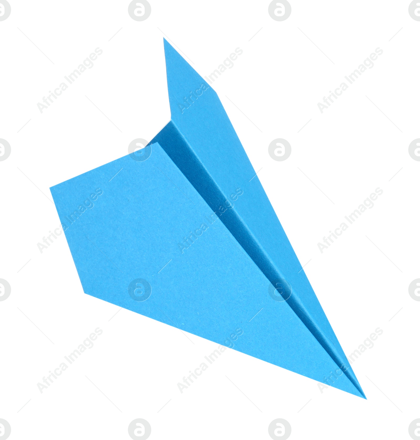 Photo of One handmade light blue paper plane isolated on white