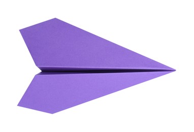 Photo of One handmade purple paper plane isolated on white, top view