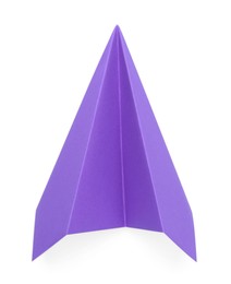 Photo of One handmade purple paper plane isolated on white, top view