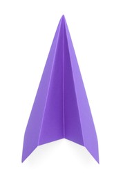 Photo of One handmade purple paper plane isolated on white, top view