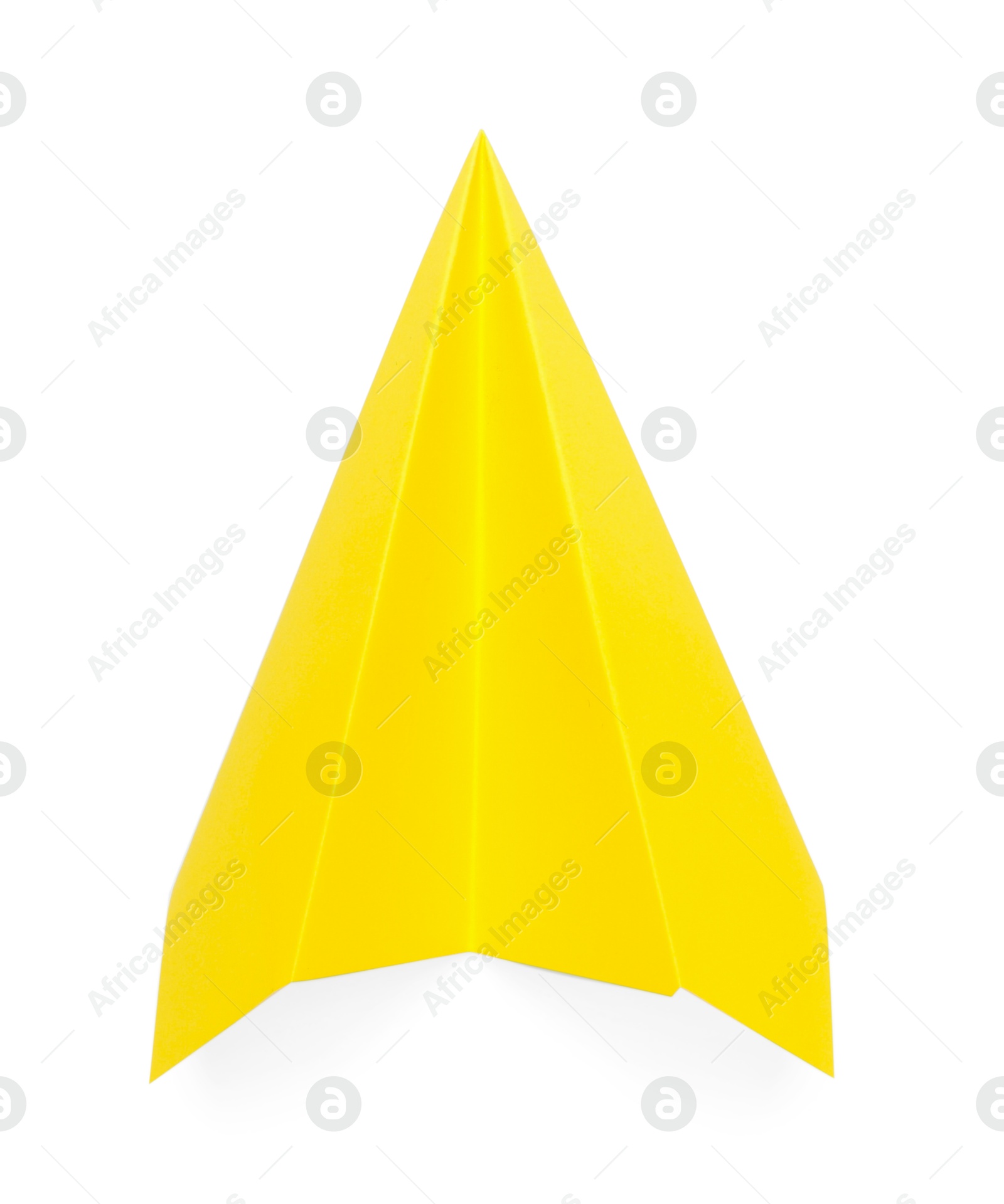 Photo of One handmade yellow paper plane isolated on white, top view