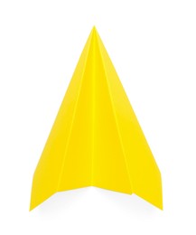 Photo of One handmade yellow paper plane isolated on white, top view