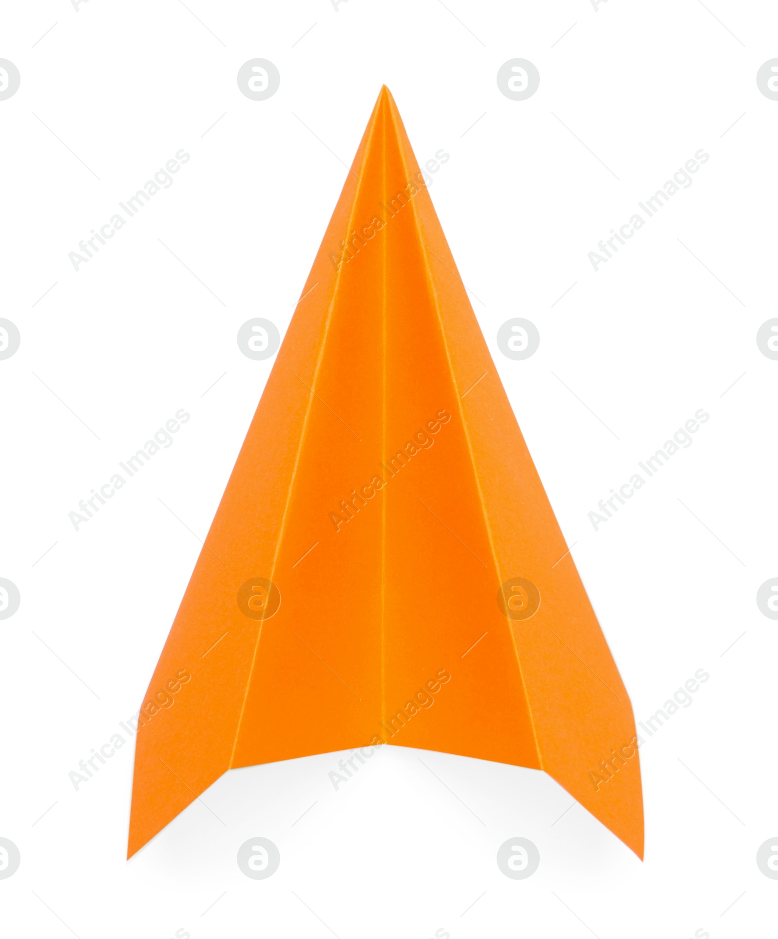 Photo of One handmade orange paper plane isolated on white, top view