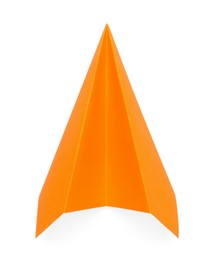 Photo of One handmade orange paper plane isolated on white, top view