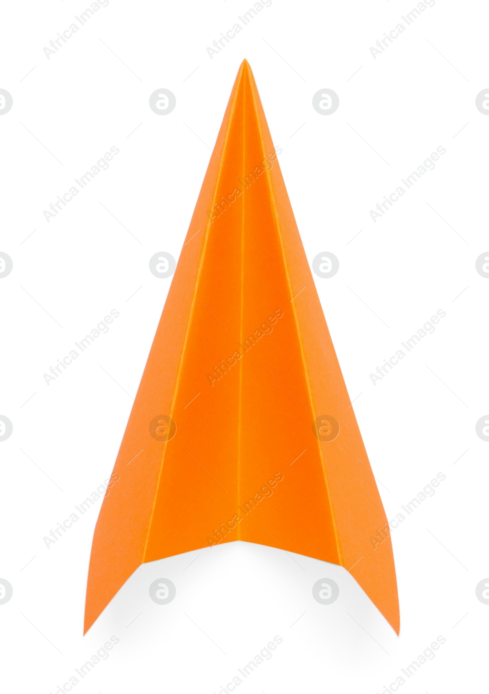 Photo of One handmade orange paper plane isolated on white, top view