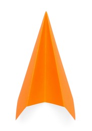 Photo of One handmade orange paper plane isolated on white, top view