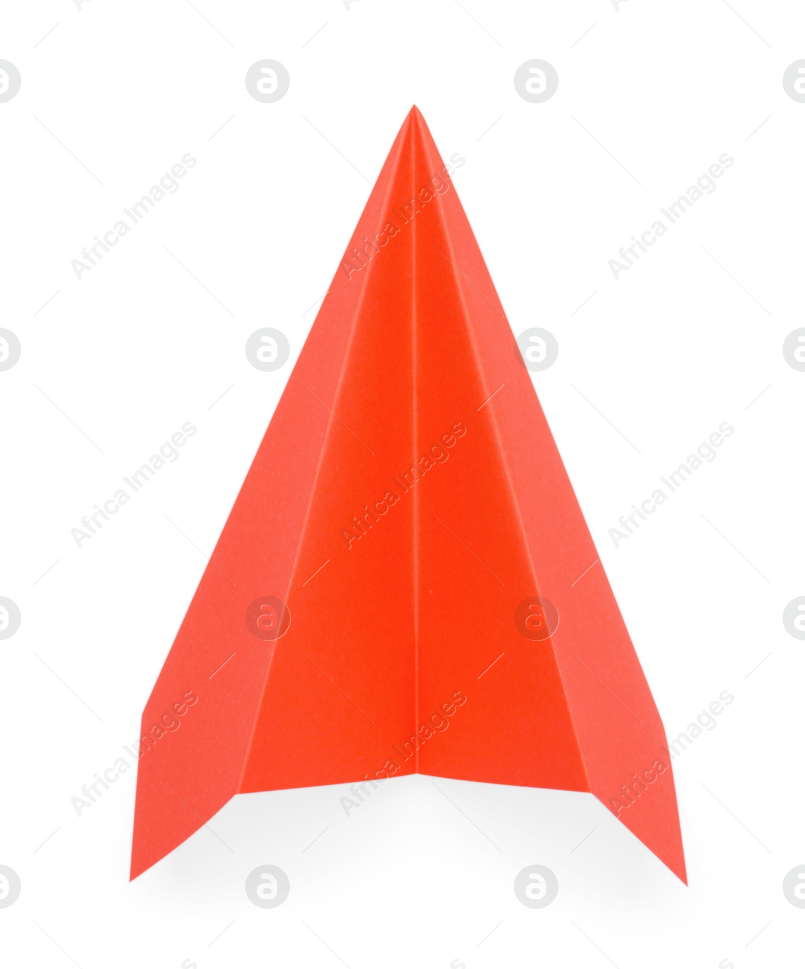 Photo of One handmade coral paper plane isolated on white, top view