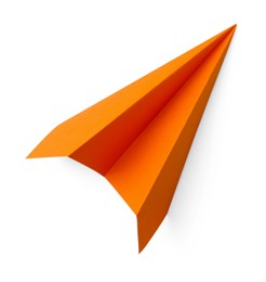 Photo of One handmade orange paper plane isolated on white, top view