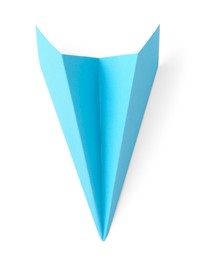 Photo of One handmade light blue paper plane isolated on white, top view