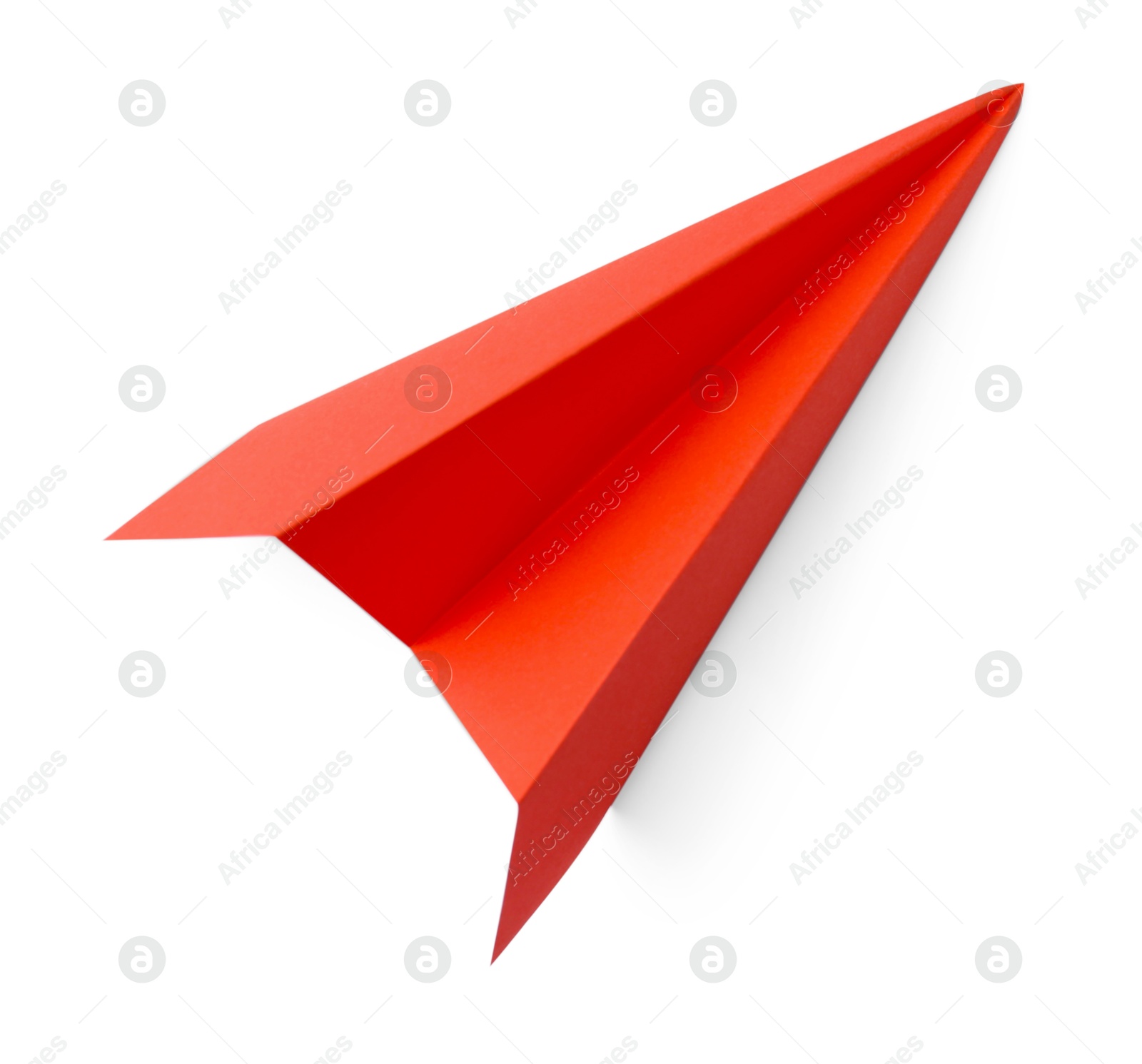 Photo of One handmade coral paper plane isolated on white, top view