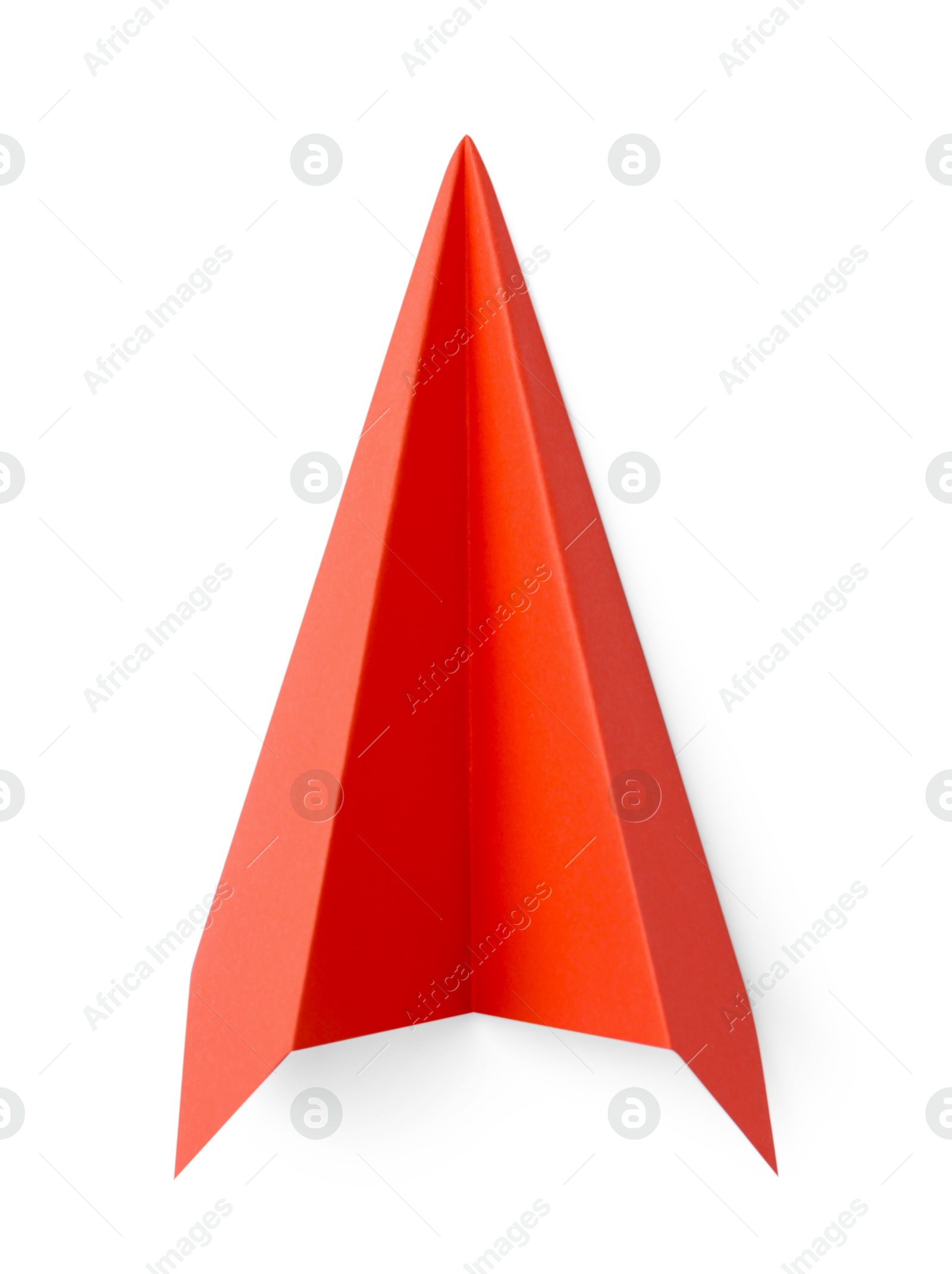 Photo of One handmade coral paper plane isolated on white, top view