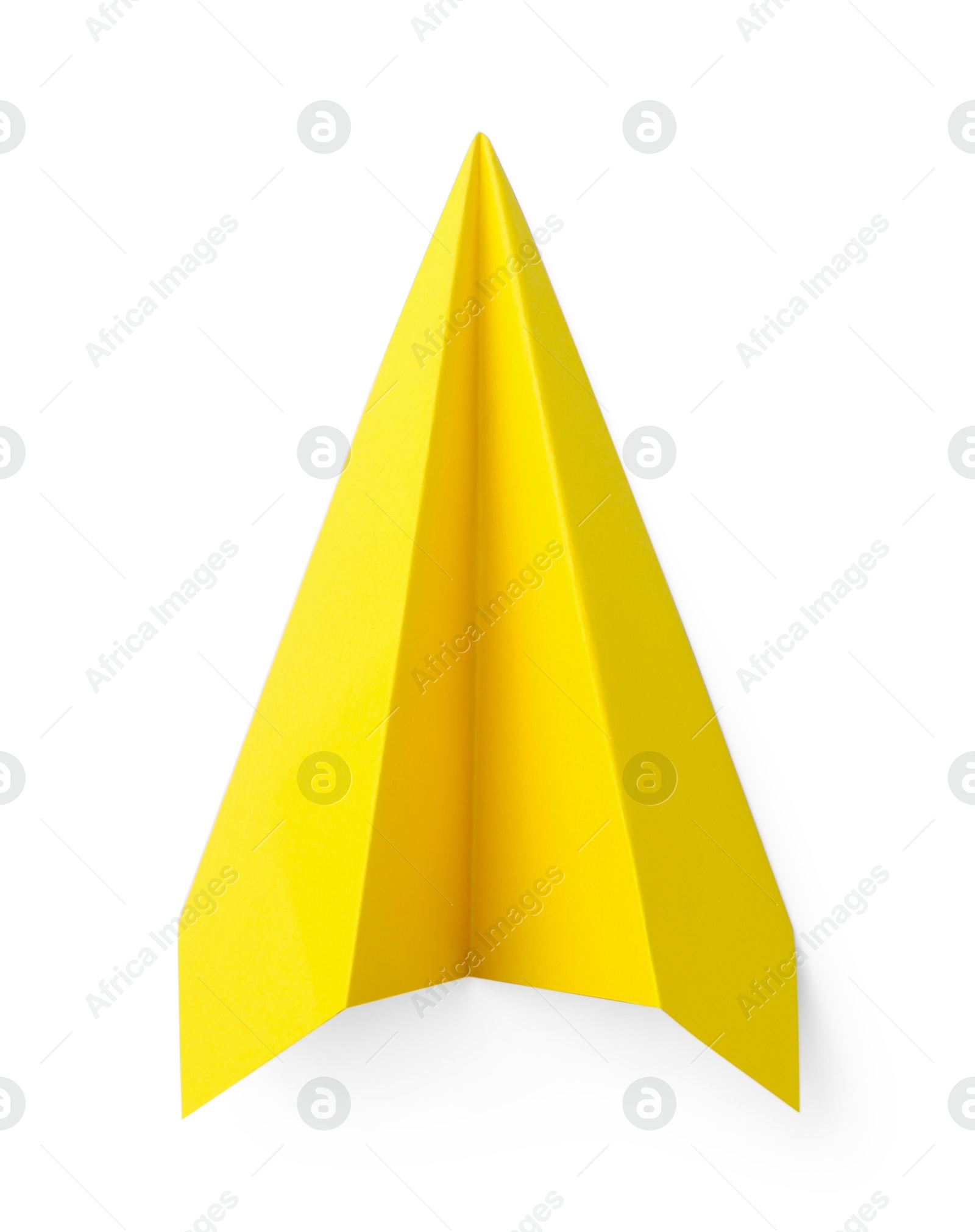 Photo of One handmade yellow paper plane isolated on white, top view