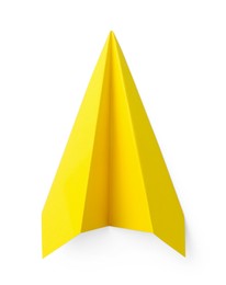 Photo of One handmade yellow paper plane isolated on white, top view