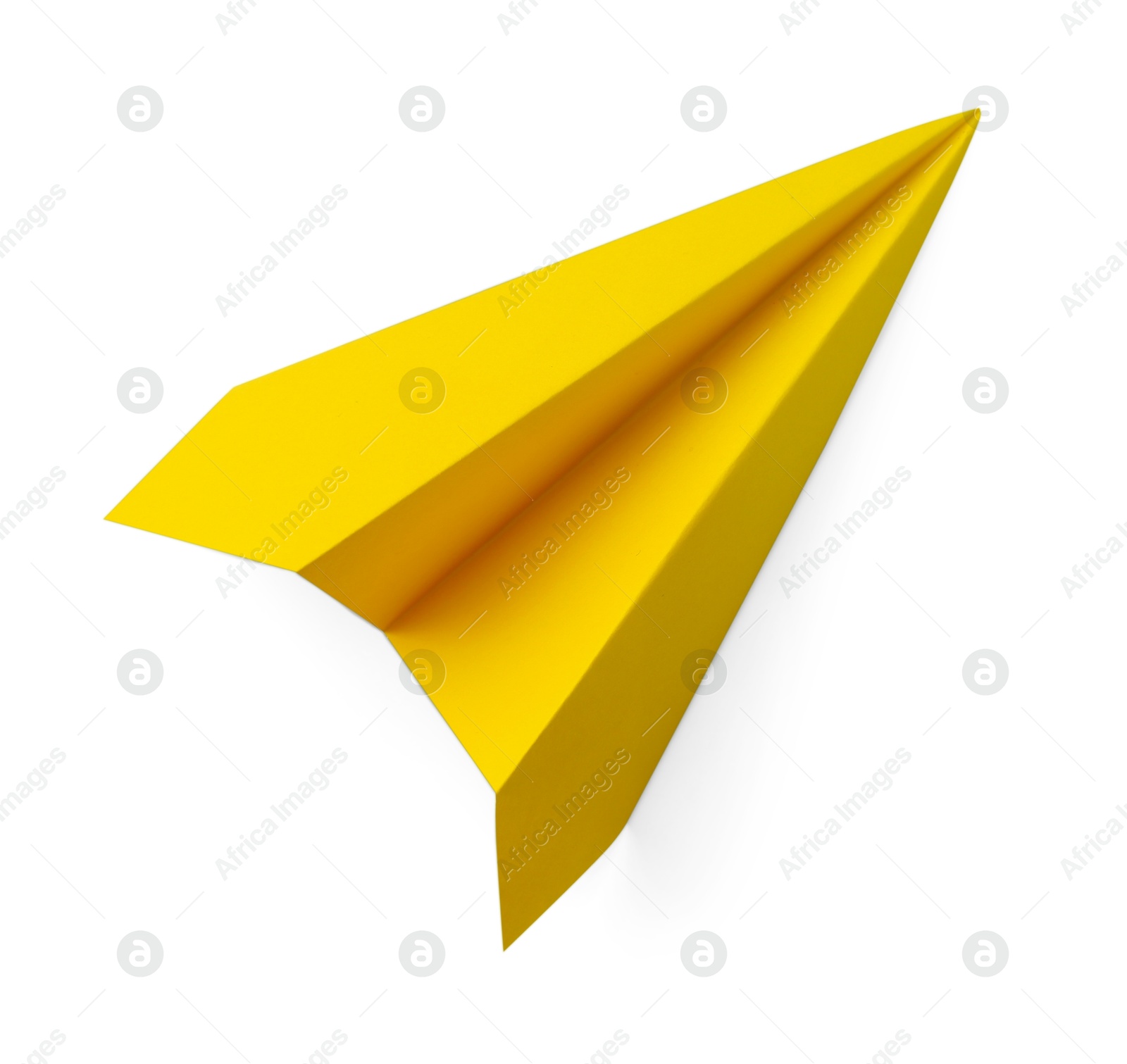 Photo of One handmade yellow paper plane isolated on white, top view