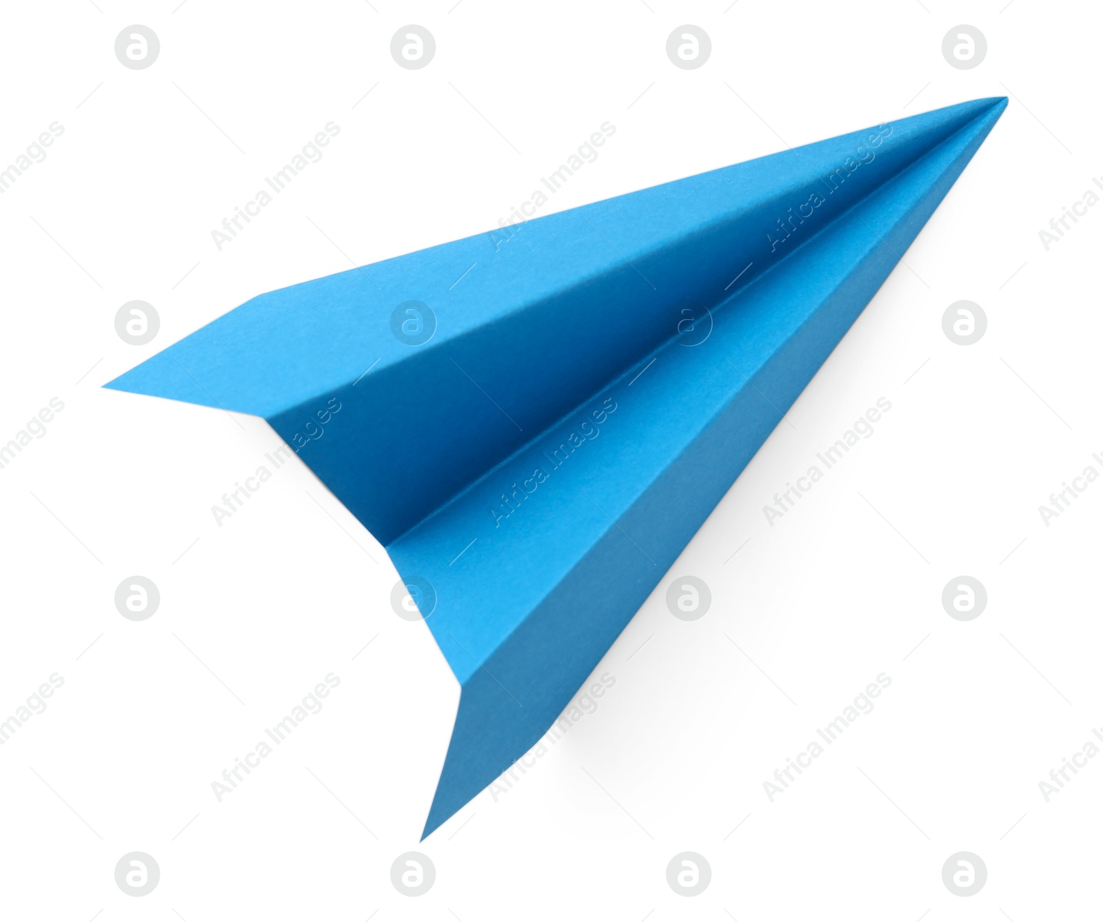 Photo of One handmade light blue paper plane isolated on white, top view