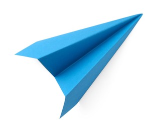 Photo of One handmade light blue paper plane isolated on white, top view