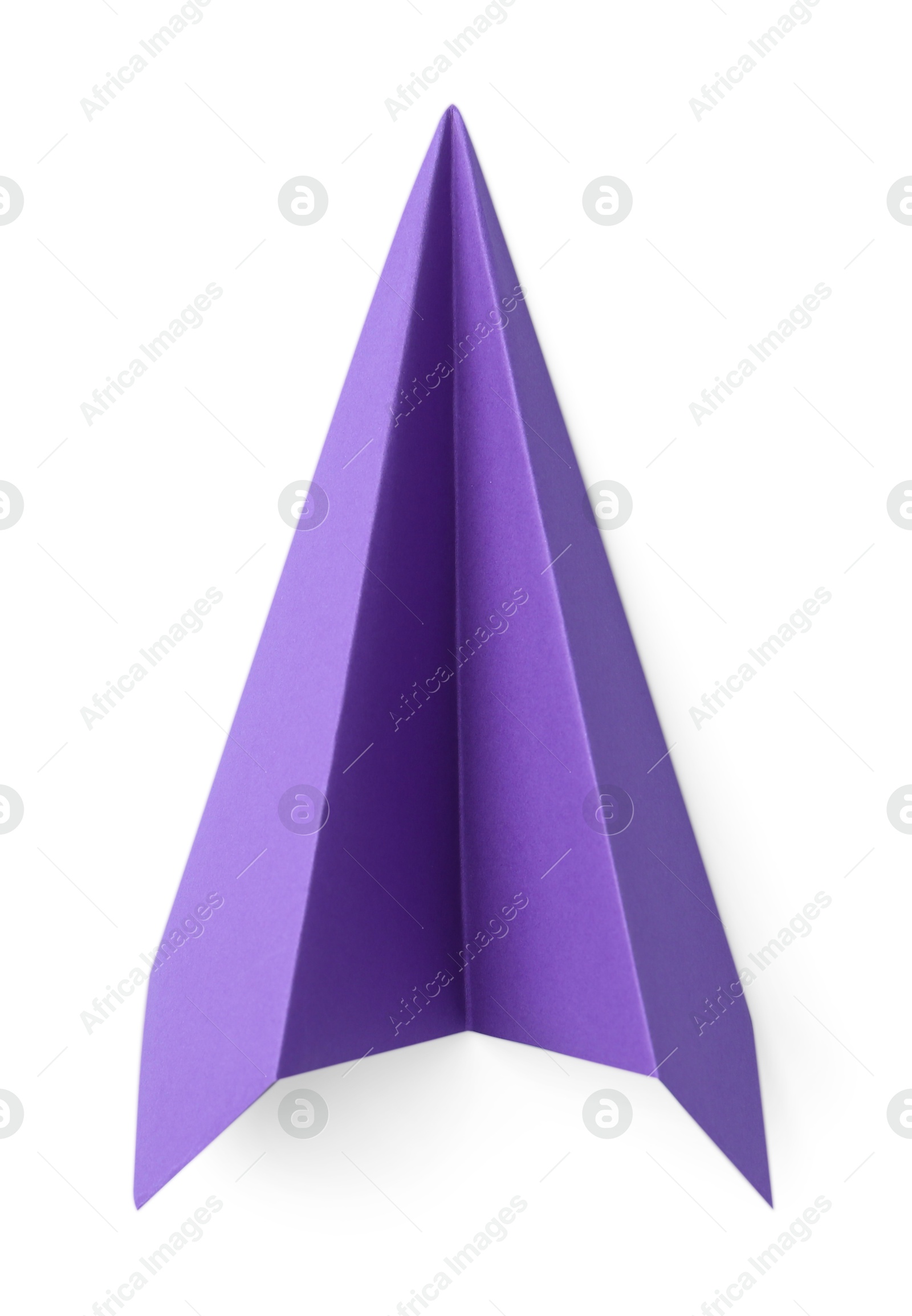 Photo of One handmade purple paper plane isolated on white, top view