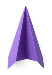 One handmade purple paper plane isolated on white, top view