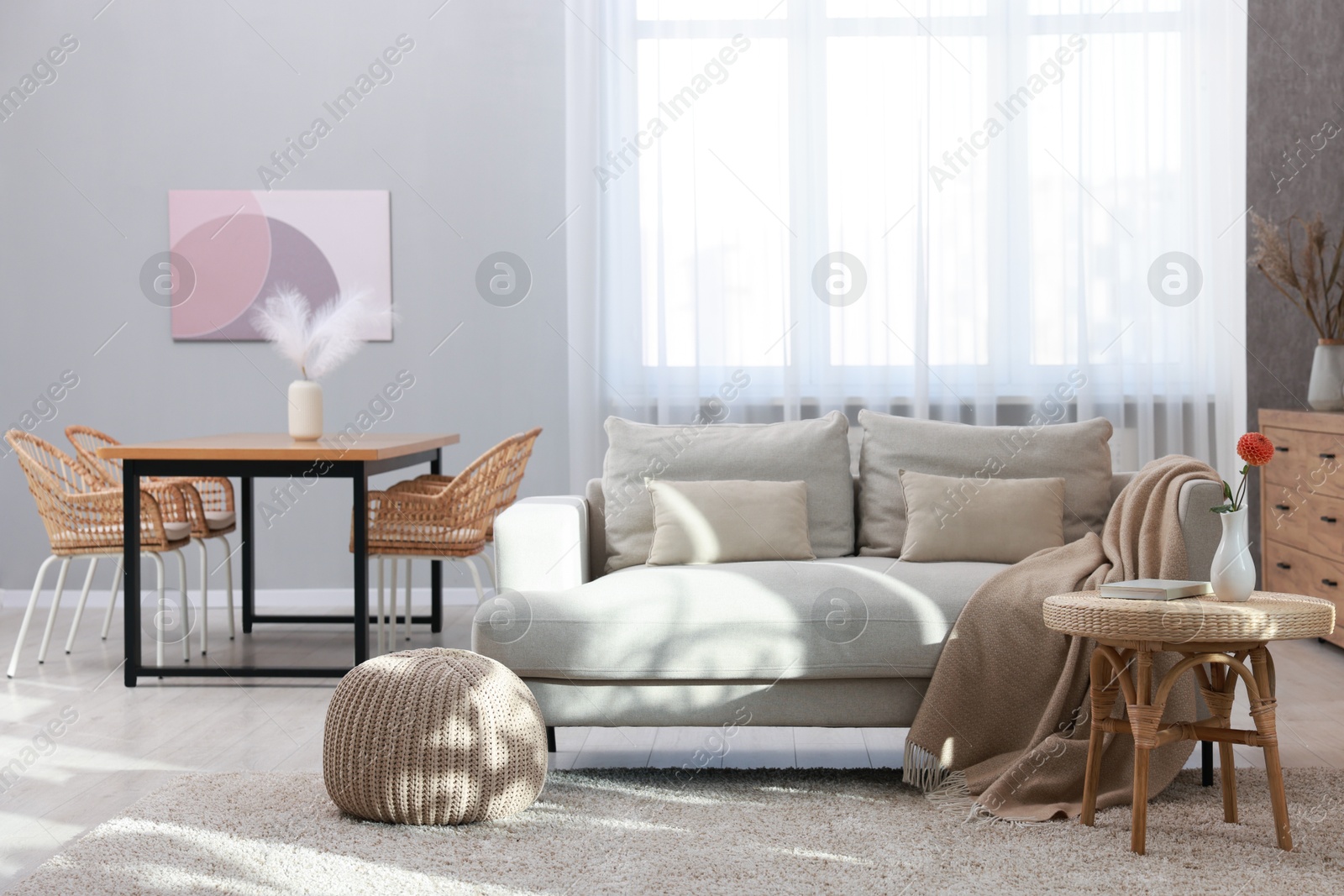 Photo of Stylish living room with comfortable sofa. Interior design