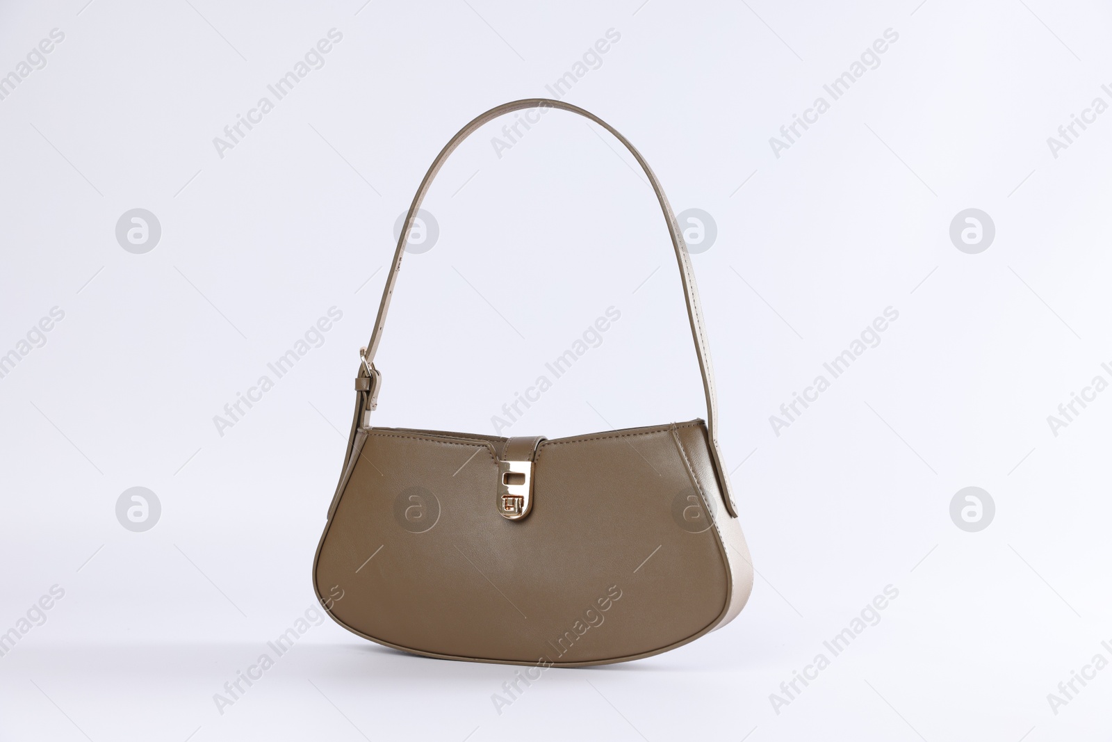 Photo of Elegant women baguette handbag on white background