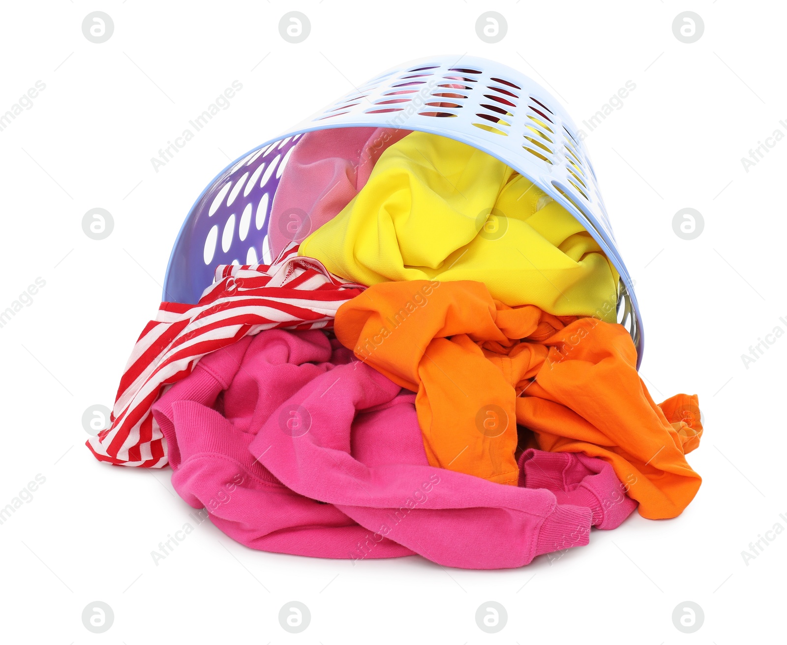 Photo of Laundry basket with colorful clothes isolated on white