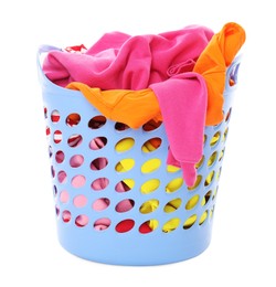 Photo of Laundry basket with colorful clothes isolated on white