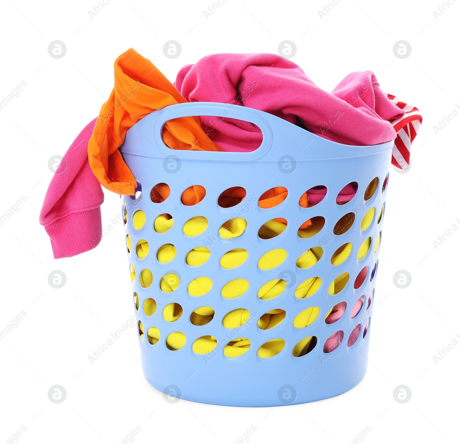 Photo of Laundry basket with colorful clothes isolated on white