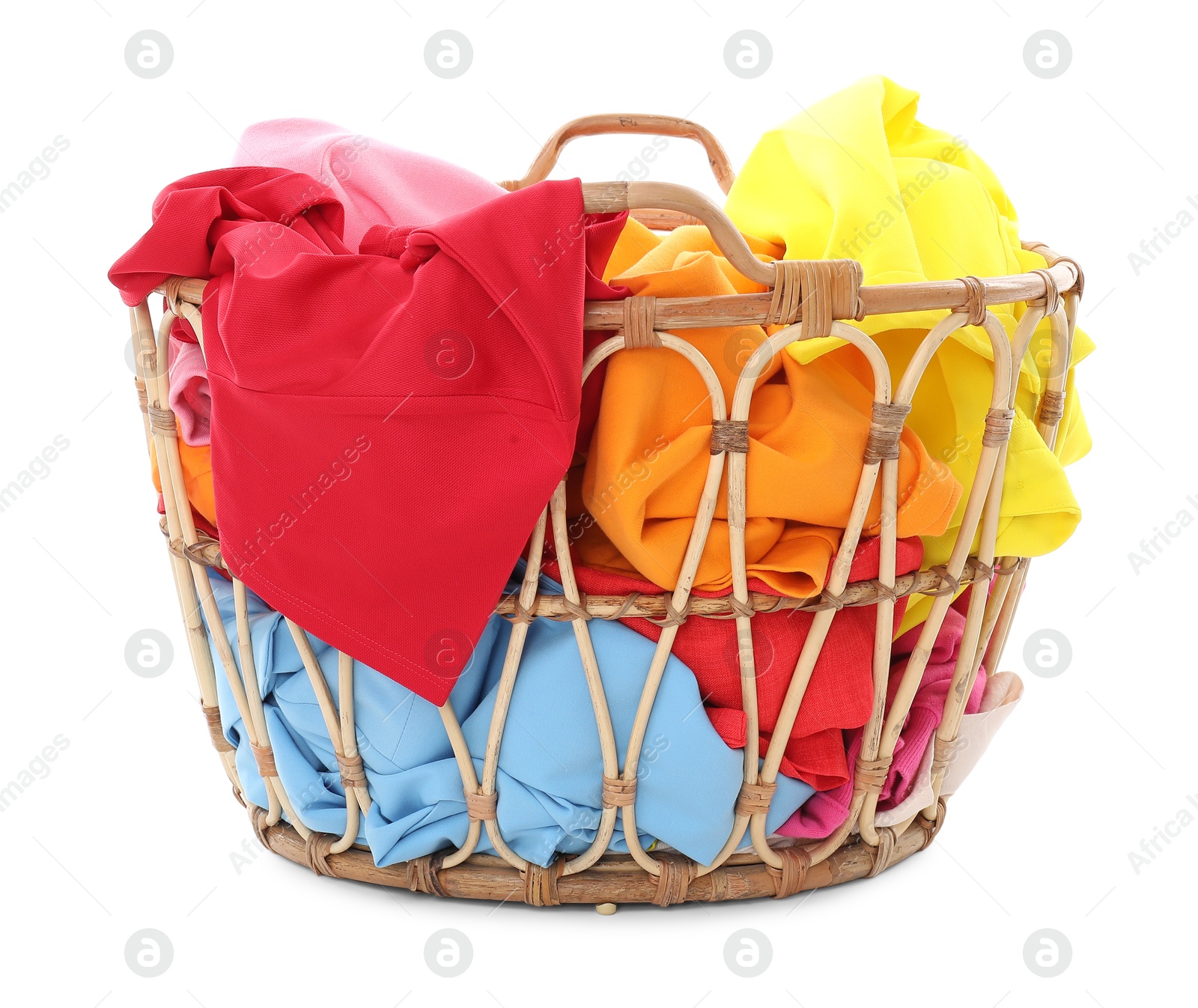 Photo of Laundry basket with colorful clothes isolated on white