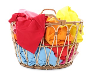 Photo of Laundry basket with colorful clothes isolated on white