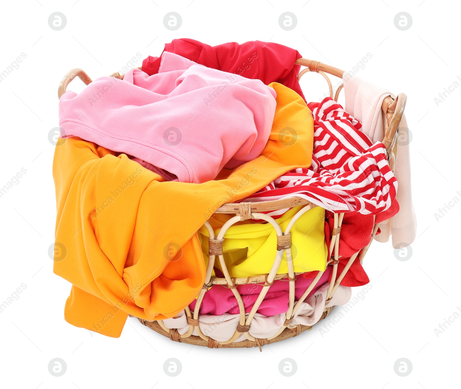 Photo of Laundry basket with colorful clothes isolated on white