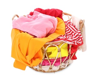 Photo of Laundry basket with colorful clothes isolated on white