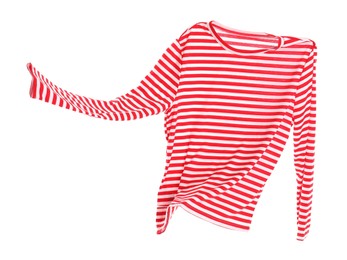 Photo of One striped long sleeve shirt in air isolated on white